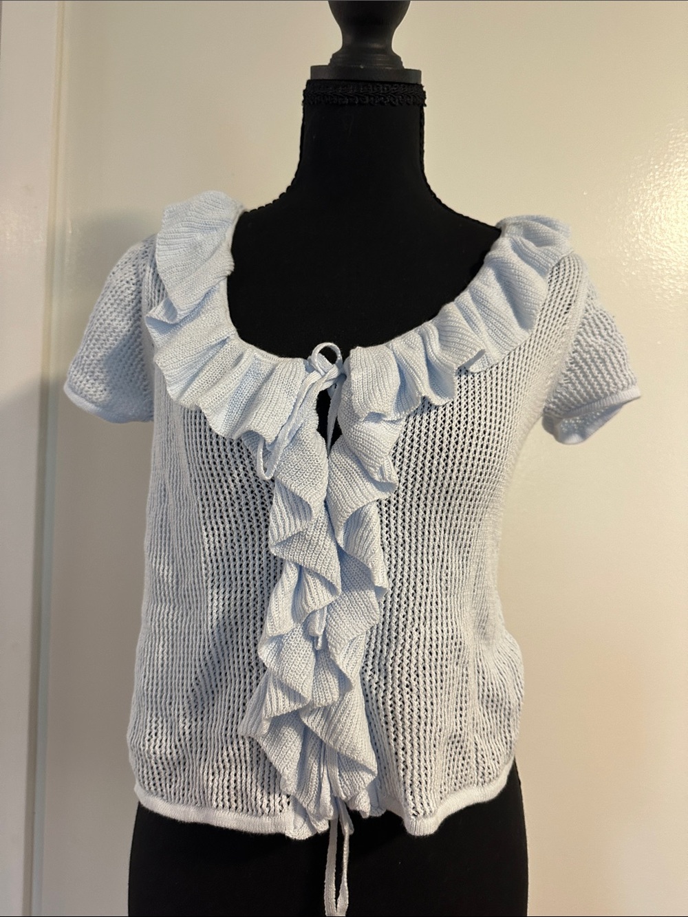 Light Blue Ruffle Front Knit Short Sleeve Top